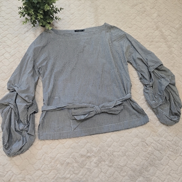 Max Jeans Tops - Max Jeans Black & White Checked Ruched Bubble Sleeve Belted Cotton Blouse Medium